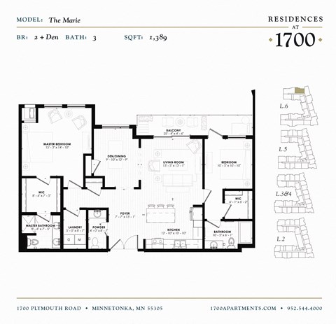 Floor plan for 2 beds, 3 baths, 1389 sqft